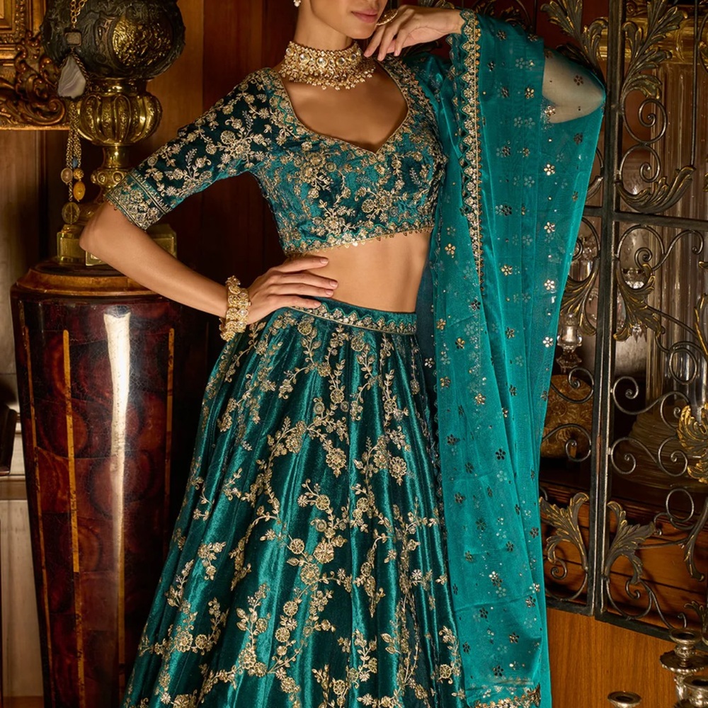 Teal Embroidered Lehenga Choli - Picture 2 of 15